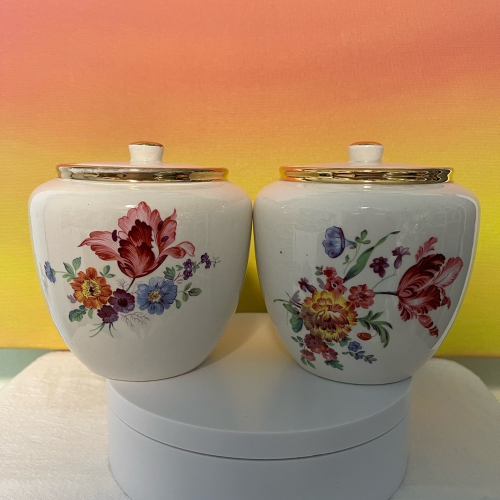 Vintage Crown Devon Floral Porcelain Ginger Jars with Gold Trim Set